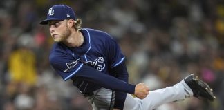 Tampa Bay Rays starting pitcher Shane Baz works against a San Diego Padres batter during the fifth inning of a baseball game Friday, April 25, 2025, in San Diego. (AP Photo/Gregory Bull)