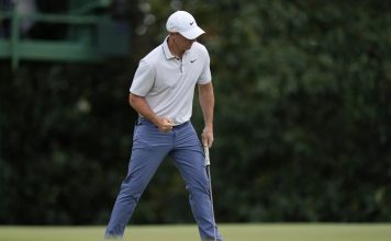 Rory McIlroy, of Northern Ireland, celebrates after making a putt on the fifth hole during the third round at the Masters golf tournament, Saturday, April 12, 2025, in Augusta, Ga. (AP Photo/Julia Demaree Nikhinson)