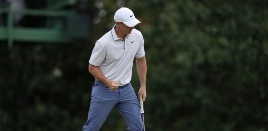 Rory McIlroy, of Northern Ireland, celebrates after making a putt on the fifth hole during the third round at the Masters golf tournament, Saturday, April 12, 2025, in Augusta, Ga. (AP Photo/Julia Demaree Nikhinson)