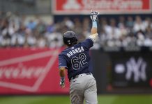 Tampa Bay Rays' Jonathan Aranda reacts after hitting a solo home run during the third inning of a baseball game against the New York Yankees, Sunday, May 4, 2025, in New York. (AP Photo/Seth Wenig)