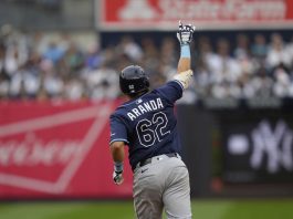 Tampa Bay Rays' Jonathan Aranda reacts after hitting a solo home run during the third inning of a baseball game against the New York Yankees, Sunday, May 4, 2025, in New York. (AP Photo/Seth Wenig)