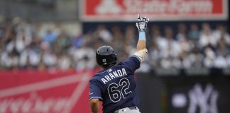 Tampa Bay Rays' Jonathan Aranda reacts after hitting a solo home run during the third inning of a baseball game against the New York Yankees, Sunday, May 4, 2025, in New York. (AP Photo/Seth Wenig)