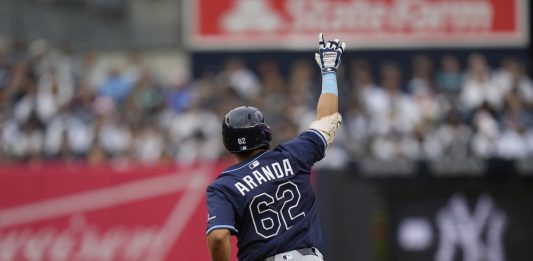 Tampa Bay Rays' Jonathan Aranda reacts after hitting a solo home run during the third inning of a baseball game against the New York Yankees, Sunday, May 4, 2025, in New York. (AP Photo/Seth Wenig)