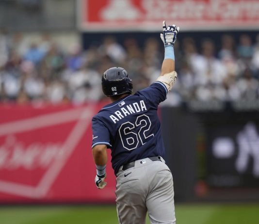 Tampa Bay Rays' Jonathan Aranda reacts after hitting a solo home run during the third inning of a baseball game against the New York Yankees, Sunday, May 4, 2025, in New York. (AP Photo/Seth Wenig)