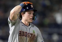 Houston Astros' Jake Meyers watches his solo home run off Tampa Bay Rays pitcher Manuel Rodríguez clear the fence during the seventh inning of a baseball game Monday, May 19, 2025, in Tampa, Fla. (AP Photo/Chris O'Meara)
