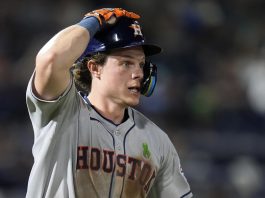 Houston Astros' Jake Meyers watches his solo home run off Tampa Bay Rays pitcher Manuel Rodríguez clear the fence during the seventh inning of a baseball game Monday, May 19, 2025, in Tampa, Fla. (AP Photo/Chris O'Meara)