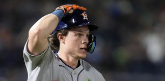 Houston Astros' Jake Meyers watches his solo home run off Tampa Bay Rays pitcher Manuel Rodríguez clear the fence during the seventh inning of a baseball game Monday, May 19, 2025, in Tampa, Fla. (AP Photo/Chris O'Meara)