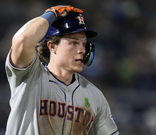 Houston Astros' Jake Meyers watches his solo home run off Tampa Bay Rays pitcher Manuel Rodríguez clear the fence during the seventh inning of a baseball game Monday, May 19, 2025, in Tampa, Fla. (AP Photo/Chris O'Meara)