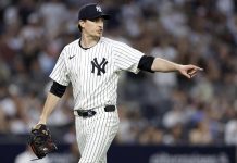 New York Yankees pitcher Max Fried reacts after the last out of the third inning of a baseball game against the Tampa Bay Rays, Friday, May 2, 2025, in New York. (AP Photo/Adam Hunger