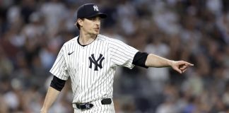 New York Yankees pitcher Max Fried reacts after the last out of the third inning of a baseball game against the Tampa Bay Rays, Friday, May 2, 2025, in New York. (AP Photo/Adam Hunger