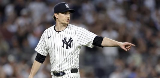 New York Yankees pitcher Max Fried reacts after the last out of the third inning of a baseball game against the Tampa Bay Rays, Friday, May 2, 2025, in New York. (AP Photo/Adam Hunger