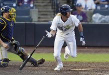 Tampa Bay Rays' Travis Jankowski, right, watches his RBI single off Milwaukee Brewers pitcher Trevor Megill during the ninth inning of a baseball game Saturday, May 10, 2025, in Tampa, Fla. (AP Photo/Chris O'Meara)