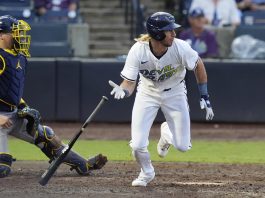 Tampa Bay Rays' Travis Jankowski, right, watches his RBI single off Milwaukee Brewers pitcher Trevor Megill during the ninth inning of a baseball game Saturday, May 10, 2025, in Tampa, Fla. (AP Photo/Chris O'Meara)