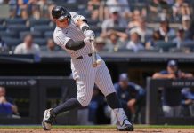 New York Yankees' Aaron Judge hits a single during the sixth inning of a baseball game against the Tampa Bay Rays, Saturday, May 3, 2025, in New York. (AP Photo/Frank Franklin II)