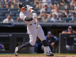 New York Yankees' Aaron Judge hits a single during the sixth inning of a baseball game against the Tampa Bay Rays, Saturday, May 3, 2025, in New York. (AP Photo/Frank Franklin II)