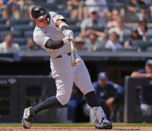 New York Yankees' Aaron Judge hits a single during the sixth inning of a baseball game against the Tampa Bay Rays, Saturday, May 3, 2025, in New York. (AP Photo/Frank Franklin II)
