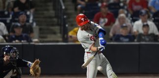 Philadelphia Phillies' Trea Turner connects for an RBI single off Tampa Bay Rays pitcher Manuel Rodríguez during the 10th inning of a baseball game Thursday, May 8, 2025, in Tampa, Fla. (AP Photo/Chris O'Meara)
