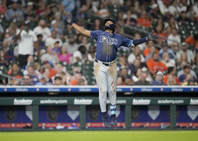 Rays Defeat Astros 13-3 Tampa Bay Rays' Junior Caminero (13) celebrates his three-run home run against Houston Astros relief pitcher Bryan King during the seventh inning of a baseball game, Thursday, May 29, 2025, in Houston. (AP Photo/Karen Warren)
