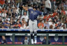 Tampa Bay Rays' Junior Caminero celebrates his solo home run against the Houston Astros during the fourth inning of a baseball game, Saturday, May 31, 2025, in Houston. (AP Photo/Eric Christian Smith)
