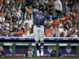 Tampa Bay Rays' Junior Caminero celebrates his solo home run against the Houston Astros during the fourth inning of a baseball game, Saturday, May 31, 2025, in Houston. (AP Photo/Eric Christian Smith)
