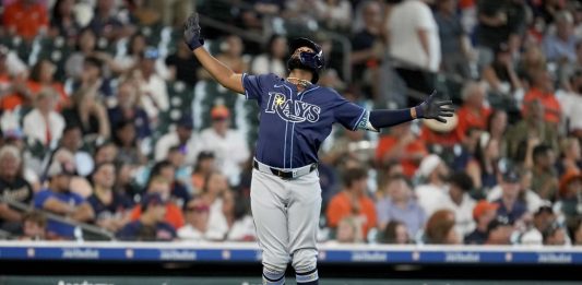 Tampa Bay Rays' Junior Caminero celebrates his solo home run against the Houston Astros during the fourth inning of a baseball game, Saturday, May 31, 2025, in Houston. (AP Photo/Eric Christian Smith)