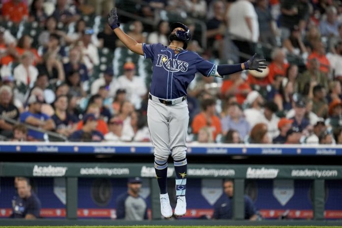 Rays Defeat Astros 16-3 Tampa Bay Rays' Junior Caminero celebrates his solo home run against the Houston Astros during the fourth inning of a baseball game, Saturday, May 31, 2025, in Houston. (AP Photo/Eric Christian Smith)