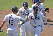 Tampa Bay Rays' Yandy DÌaz, right, celebrates with teammates, including Josh Lowe, left, after Diaz hit a three-run home run off Houston Astros Forrest Whitley during the eighth inning of a baseball game Wednesday, May 21, 2025, in Tampa, Fla. (AP Photo/Chris O'Meara)