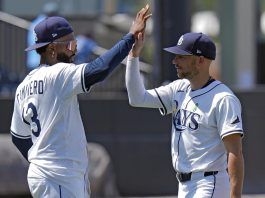 Tampa Bay Rays' Junior Caminero (13) and Brandon Lowe celebrate after the team defeated the Minnesota Twins during a baseball game Wednesday, May 28, 2025, in Tampa, Fla. (AP Photo/Chris O'Meara)