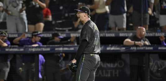 Tampa Bay Rays pitcher Eric Orze celebrates after the final out of a baseball game against thye Milwaukee Brewers, Friday, May 9, 2025, in Tampa, Fla. (AP Photo/Jason Behnken)
