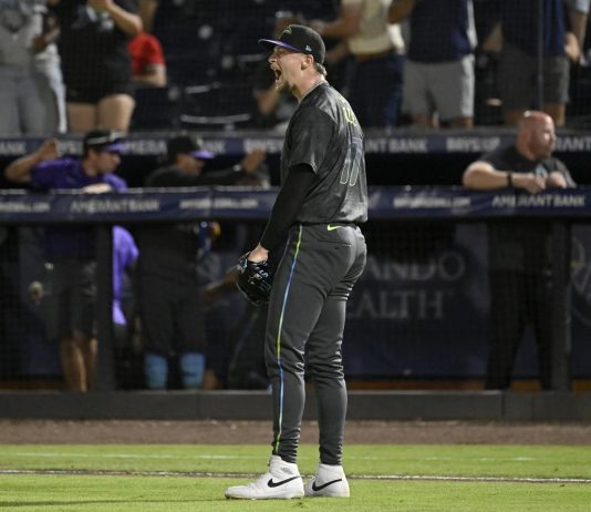 Tampa Bay Rays pitcher Eric Orze celebrates after the final out of a baseball game against thye Milwaukee Brewers, Friday, May 9, 2025, in Tampa, Fla. (AP Photo/Jason Behnken)