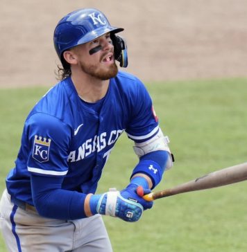 Kansas City Royals' Bobby Witt Jr. watches his two-run home run off Tampa Bay Rays pitcher Shane Baz during the fifth inning of a baseball game Thursday, May 1, 2025, in Tampa, Fla. (AP Photo/Chris O'Meara)