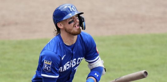 Kansas City Royals' Bobby Witt Jr. watches his two-run home run off Tampa Bay Rays pitcher Shane Baz during the fifth inning of a baseball game Thursday, May 1, 2025, in Tampa, Fla. (AP Photo/Chris O'Meara)