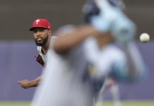 Philadelphia Phillies pitcher Cristopher Sánchez delivers to the Tampa Bay Rays during the first inning of a baseball game Wednesday, May 7, 2025, in Tampa, Fla. (AP Photo/Chris O'Meara)