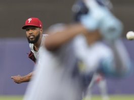 Philadelphia Phillies pitcher Cristopher Sánchez delivers to the Tampa Bay Rays during the first inning of a baseball game Wednesday, May 7, 2025, in Tampa, Fla. (AP Photo/Chris O'Meara)
