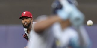 Philadelphia Phillies pitcher Cristopher Sánchez delivers to the Tampa Bay Rays during the first inning of a baseball game Wednesday, May 7, 2025, in Tampa, Fla. (AP Photo/Chris O'Meara)