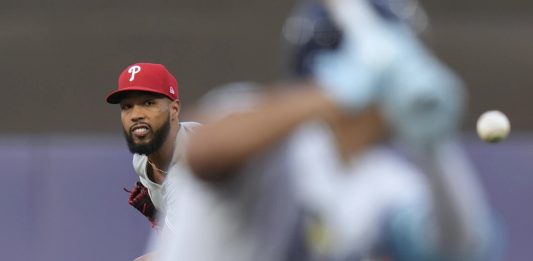 Philadelphia Phillies pitcher Cristopher Sánchez delivers to the Tampa Bay Rays during the first inning of a baseball game Wednesday, May 7, 2025, in Tampa, Fla. (AP Photo/Chris O'Meara)
