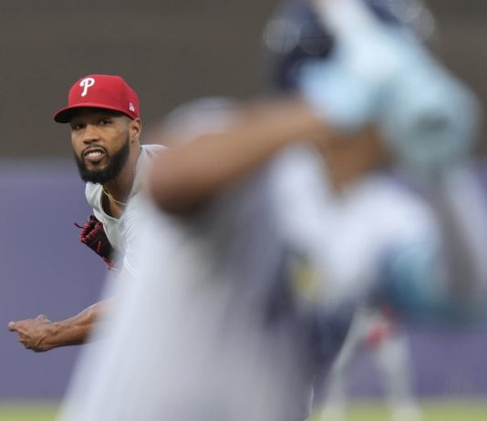 Philadelphia Phillies pitcher Cristopher Sánchez delivers to the Tampa Bay Rays during the first inning of a baseball game Wednesday, May 7, 2025, in Tampa, Fla. (AP Photo/Chris O'Meara)