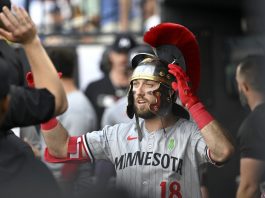 Minnesota Twins Kody Clemens (18) celebrates his home run during the second inning of a baseball game against the Tampa Bay Rays Tuesday, May 27, 2025, in Tampa, Fla. (AP Photo/Jason Behnken)