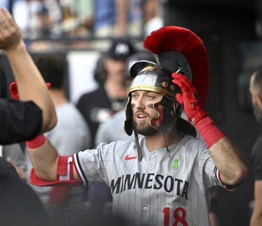 Minnesota Twins Kody Clemens (18) celebrates his home run during the second inning of a baseball game against the Tampa Bay Rays Tuesday, May 27, 2025, in Tampa, Fla. (AP Photo/Jason Behnken)