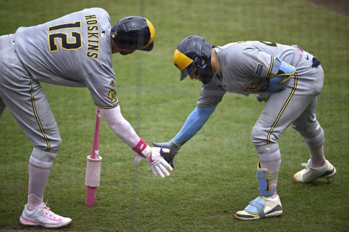 Yelich Brewers Avoid Sweep To Rays Milwaukee Brewers' Christian Yelich, right, celebrates after his solo home run with Rhys Hoskins (12) during the fourth inning of a baseball game against the Tampa Bay Rays, Sunday, May 11, 2025, in Tampa, Fla. (AP Photo/Phelan M. Ebenhack)