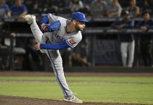 Kansas City Royals pitcher Noah Cameron throws during the sixth inning of a baseball game against the Tampa Bay Rays, Wednesday, April 30, 2025, in Tampa, Fla. (AP Photo/Jason Behnken)