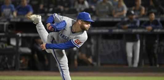 Kansas City Royals pitcher Noah Cameron throws during the sixth inning of a baseball game against the Tampa Bay Rays, Wednesday, April 30, 2025, in Tampa, Fla. (AP Photo/Jason Behnken)