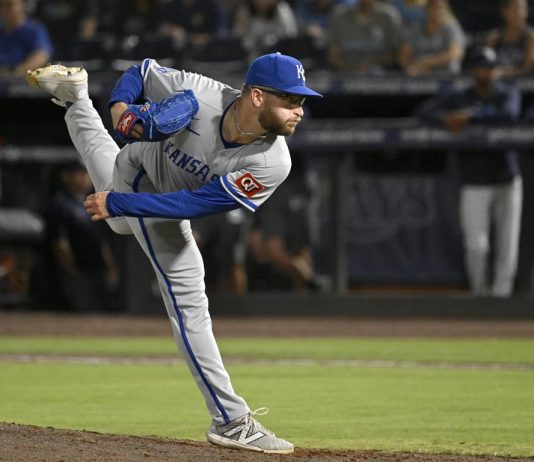 Kansas City Royals pitcher Noah Cameron throws during the sixth inning of a baseball game against the Tampa Bay Rays, Wednesday, April 30, 2025, in Tampa, Fla. (AP Photo/Jason Behnken)