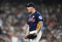 Houston Astros starting pitcher Hunter Brown reacts after Tampa Bay Rays designated hitter Yandy Diaz grounds out during the sixth inning of a baseball game in Houston, Sunday, June 1, 2025. (AP Photo/Ashley Landis)