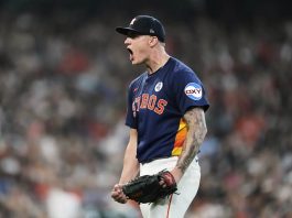 Houston Astros starting pitcher Hunter Brown reacts after Tampa Bay Rays designated hitter Yandy Diaz grounds out during the sixth inning of a baseball game in Houston, Sunday, June 1, 2025. (AP Photo/Ashley Landis)