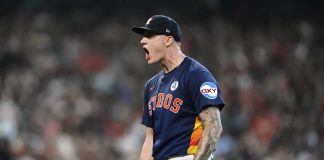 Houston Astros starting pitcher Hunter Brown reacts after Tampa Bay Rays designated hitter Yandy Diaz grounds out during the sixth inning of a baseball game in Houston, Sunday, June 1, 2025. (AP Photo/Ashley Landis)