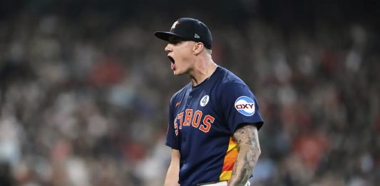 Houston Astros starting pitcher Hunter Brown reacts after Tampa Bay Rays designated hitter Yandy Diaz grounds out during the sixth inning of a baseball game in Houston, Sunday, June 1, 2025. (AP Photo/Ashley Landis)