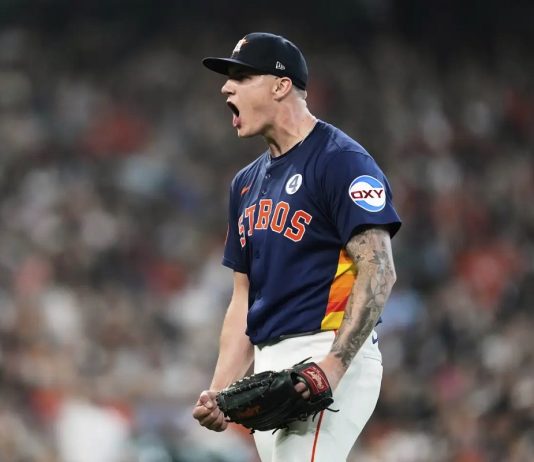 Houston Astros starting pitcher Hunter Brown reacts after Tampa Bay Rays designated hitter Yandy Diaz grounds out during the sixth inning of a baseball game in Houston, Sunday, June 1, 2025. (AP Photo/Ashley Landis)