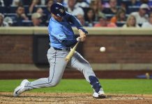 Tampa Bay Rays' Danny Jansen hits a two-run home run during the sixth inning of a baseball game against the New York Mets Friday, June 13, 2025, in New York. (AP Photo/Frank Franklin II)