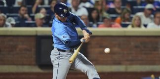 Tampa Bay Rays' Danny Jansen hits a two-run home run during the sixth inning of a baseball game against the New York Mets Friday, June 13, 2025, in New York. (AP Photo/Frank Franklin II)